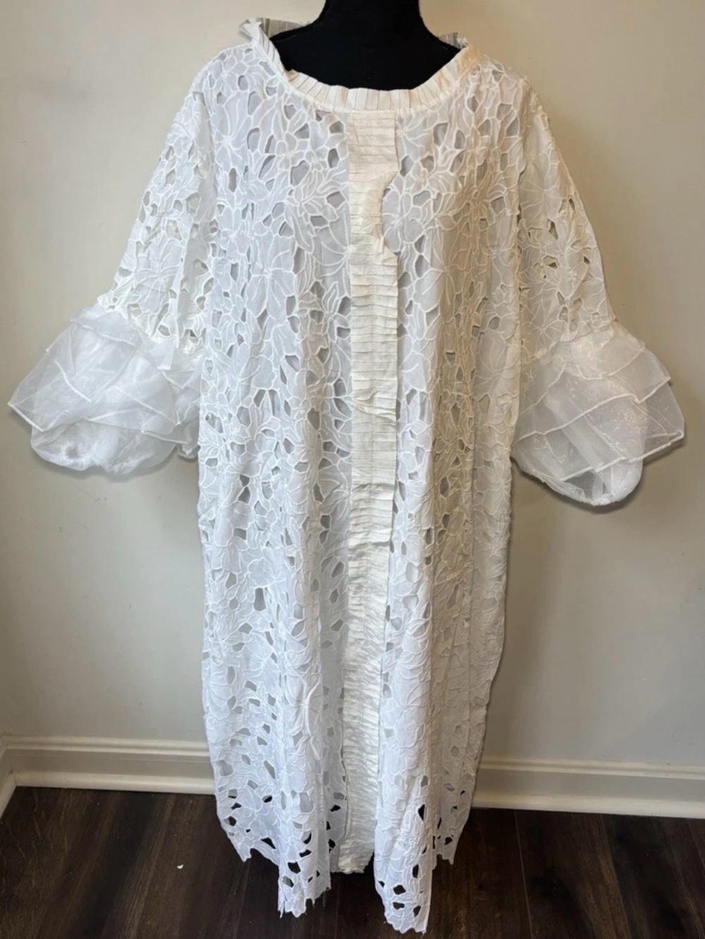 Xpluswear White Eyelet Lace Duster with Ruffled Trim
